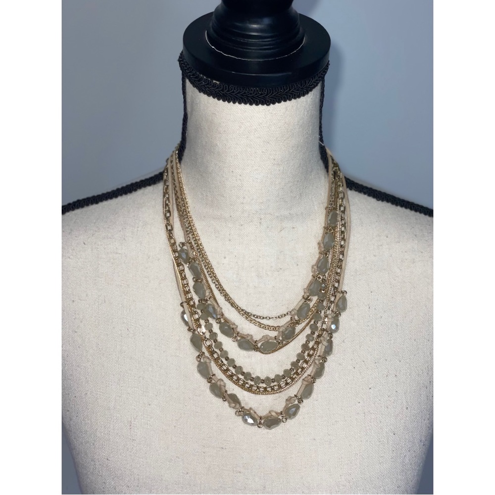 Adjustable Layered Necklace Gold, Tan & White